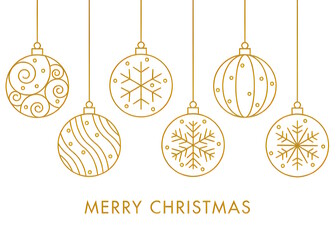 A minimalist digital drawing featuring five gold-toned Christmas ornaments hanging from thin lines, against a white background. 
