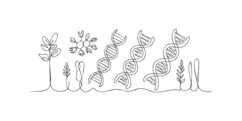Line art depictions of DNA strands and plant elements