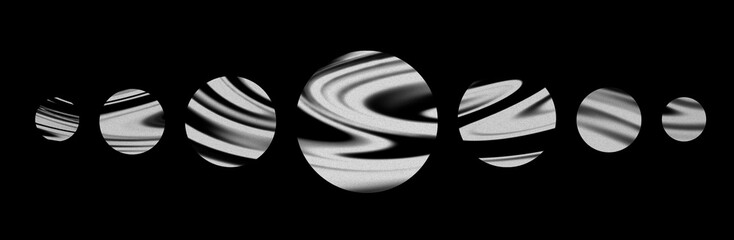 A set of futuristic drawings of planets with a wavy linear zebra pattern. Elements for the design on black background. White and gray colors. Monochrome, grainy. Planetary rings illustration. Symmetry © Julia