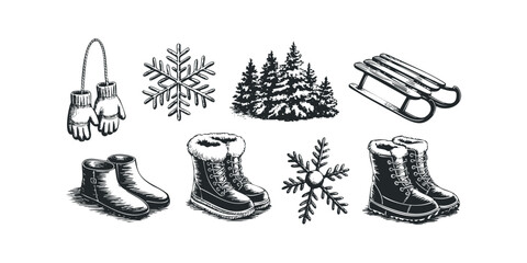 Winter clothing and activities collection with snow