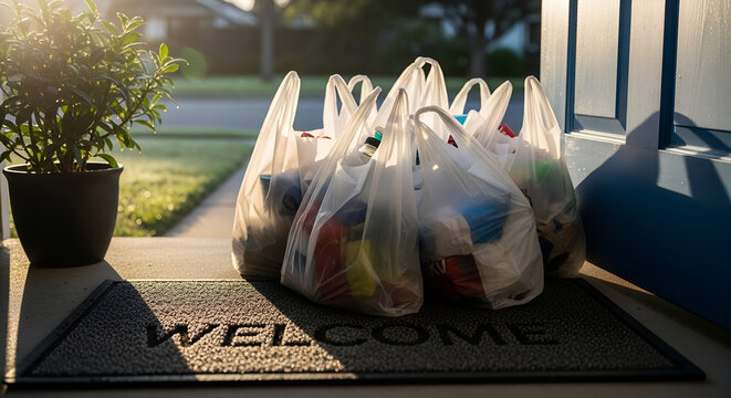 Grocery bags placed on welcome mat by front door in sunlight  