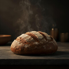 Freshly baked artisan loaf of bread with steam rising