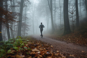 Man jogging in foggy forest path, feeling crisp air, embracing natural wellness lifestyle