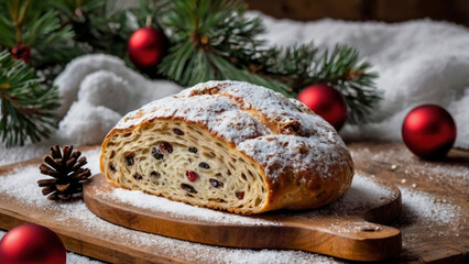 A delicious loaf of Christmas bread sits on a wooden board, surrounded by holiday decorations and snow-like accents. Pine branches and red ornaments complete the winter scene