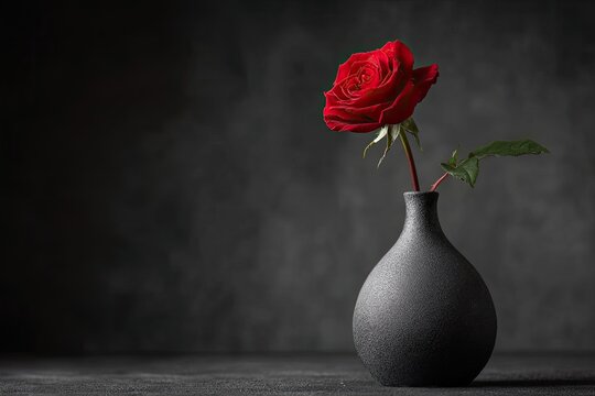 A solitary red rose elegantly displayed in a smooth, dark vase against a gray backdrop