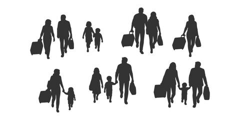 CAD Drawings. Top view of silhouette  families and solo travelers moving with carry on bags at airport isolated on white background. Vector illustration.