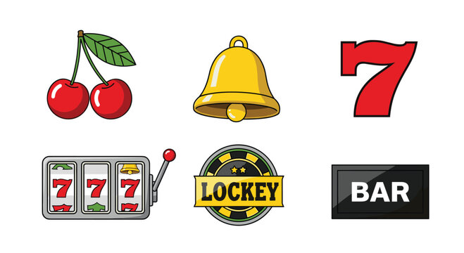 Set of classic slot machine gambling symbols, including cherries, bell, lucky seven, BAR sign, slot machine, and LOCKEY icon.