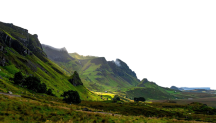 Green hills and cliffs under cloudy sky, landscape scenery