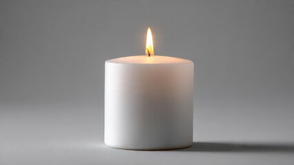 A single white pillar candle burns brightly on a textured gray surface against a soft gray background fire background burning