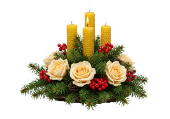 Isolated floral centerpiece of roses, evergreen branches, red berries, candles for holiday mood