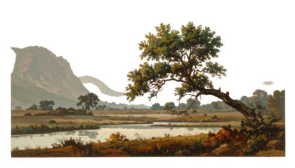 Pastoral landscape river flows by a large leaning tree, mountain