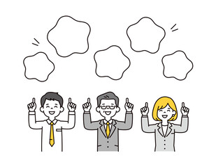 あしらいと、笑顔で企業PRをする男女のビジネスマンの上半身ベクターイラスト素材