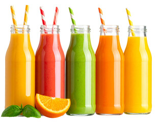 Row of healthy fresh fruit and vegetable smoothies with assorted ingredients served in glass bottles with straws isolated on transparent background 