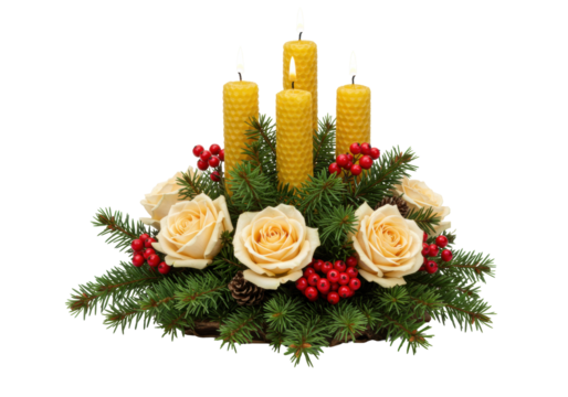 Isolated floral centerpiece of roses, evergreen branches, red berries, candles for holiday mood