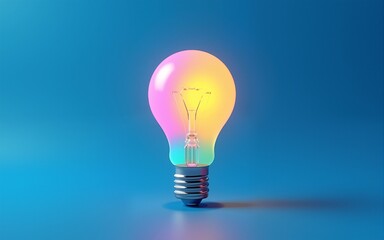 Fototapeta premium 3D rendering of a light bulb with a colorful glow inside on a blue background. An innovative idea concept, inspiration for creativity and innovation in business, education, or science. High quality