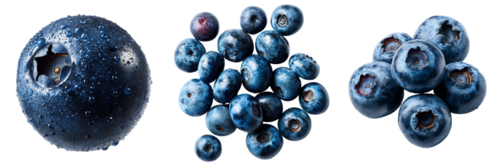Close up of fresh blueberries with water droplets isolated on a transparent background