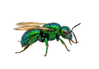 Isolated metallic green sweat bee insect, crawling, facing right, with its wings out, vibrant colors