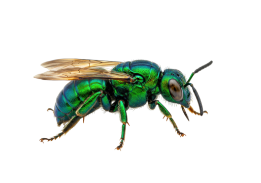 Isolated metallic green sweat bee insect, crawling, facing right, with its wings out, vibrant colors