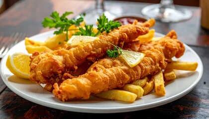 Classic fish and chips served on a white plate, featuring crispy fried fish, golden fries, lemon wedges, and fresh parsley