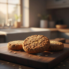 Golden brown oatmeal cookies on a wooden cutting board