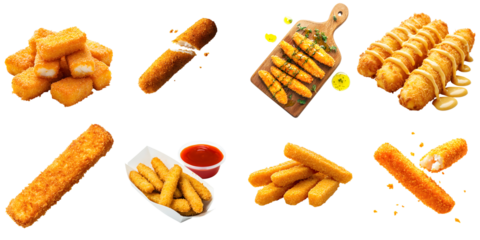 A large selection of juicy fish sticks, isolated on a transparent background PNG: with sauce, on a board, in packaging