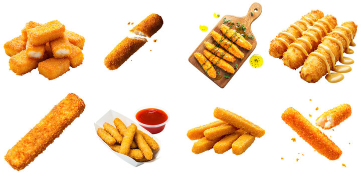 A large selection of juicy fish sticks, isolated on a transparent background PNG: with sauce, on a board, in packaging