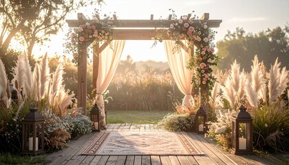 Romantic outdoor wedding arch with soft floral arrangements, pampas grass, and lanterns — a dreamy setting bathed in warm sunlight for an intimate celebration