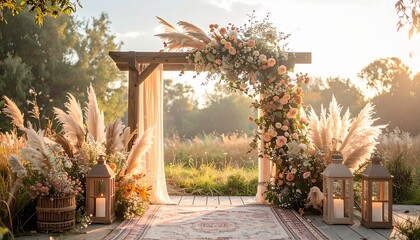 Romantic outdoor wedding arch with soft floral arrangements, pampas grass, and lanterns — a dreamy setting bathed in warm sunlight for an intimate celebration