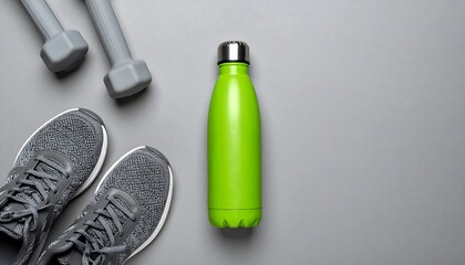 A green reusable water bottle with gray dumbbells and sneakers on a gray background for fitness and healthy lifestyle