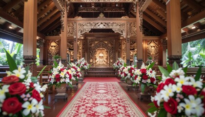 Elegant traditional wedding stage with rich red and gold decorations, wooden details, and lush floral arrangements — a perfect blend of culture, beauty, and celebration