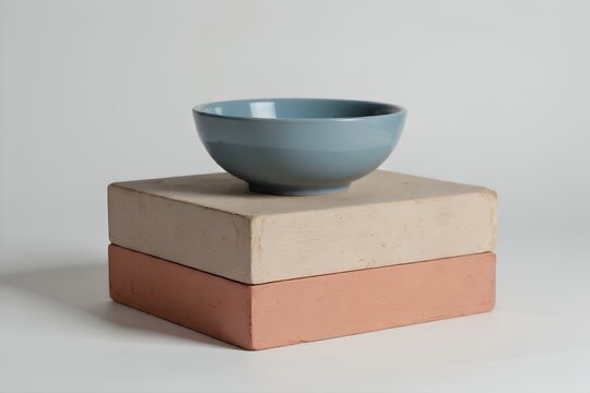 Blue ceramic bowl on stacked rectangular blocks against a white backdrop