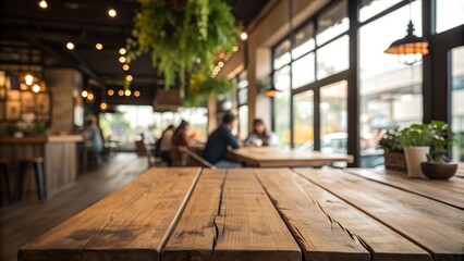 Inviting rustic wood table in modern cafe setting with blurred background of people enjoying coffee and conversation, perfect for restaurant advertising