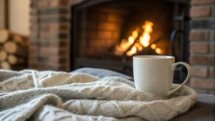 Cozy evening by the fireplace with warm drink and soft blanket inviting relaxation and peaceful downtime during the cold winter months at home