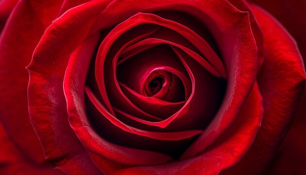 Crimson Elegance: A close-up shot of a vibrant red rose, its velvety petals unfurling to reveal a captivating spiral, embodying the essence of romance and beauty. - Powered by Adobe