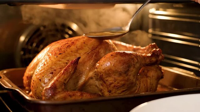 Roasting turkey in oven while basting with spoon for flavor  
