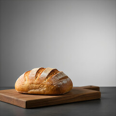 Rustic loaf of sourdough bread on a wooden cutting board