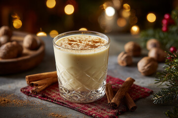 Eggnog, a sweet drink made from milk, cream, raw eggs and spices, enriched with an alcoholic beverage
