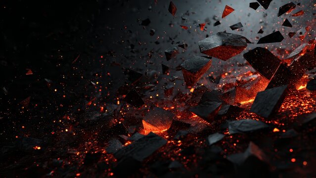 Abstract explosion of dark volcanic rocks and glowing ember particles deep space background fire background Energy Fire Lava