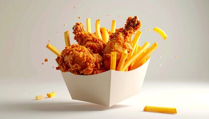 Fast food box with fried chicken and fries, realistic lighting, isolated on white background, ideal for menu display and fast food advertising.