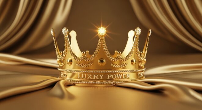 Golden Crown on Satin - A gleaming golden crown rests upon draped satin fabric, symbolizing luxury, power, authority, wealth, and
