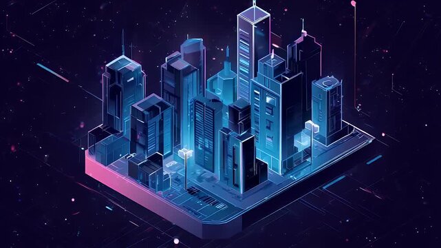 A stylized cityscape in a dark blue cosmos, with glowing neon outlines, and geometric structures in a futuristic theme - Powered by Adobe