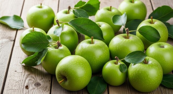 Green Apples on Wood Table - A still life featuring a collection of fresh green apples with leaves, arranged on a rustic wooden table