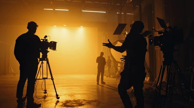 Film crew team with light man and cameraman working together with director in big studio, video production. 