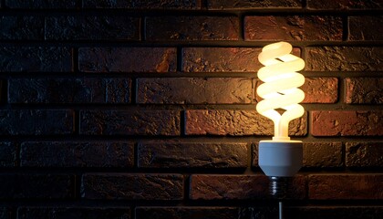 A glowing compact fluorescent light bulb stands against a dark brick wall, casting a warm light and creating a contrast of textures