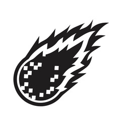 Black Meteor Art with Flame Trail and White Pixel Detail on White Background