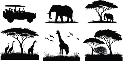 African safari silhouette, wildlife animals under trees, elephant and giraffe illustration, nature landscape, safari jeep tour scene © Su Joy Creatives