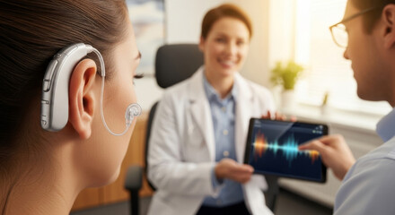 Hearing Aid Consultation - Woman getting her hearing checked at an audiology clinic. The doctor shows a visual representation of sound on a tablet device