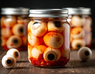 Glass jars filled with what appear to be eyeballs; a spooky concept