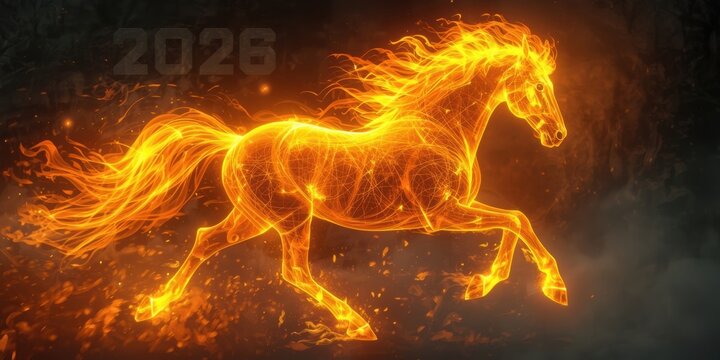 Fiery horse galloping through darkness with year 2028