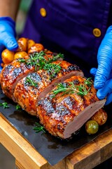 A person in blue gloves holding a piece of meat on a cutting board